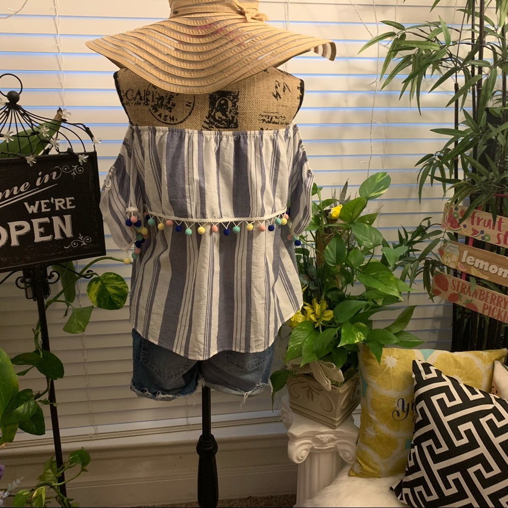 Promesa Striped Off Shoulder Top with Pom Poms. - Picture 8 of 15